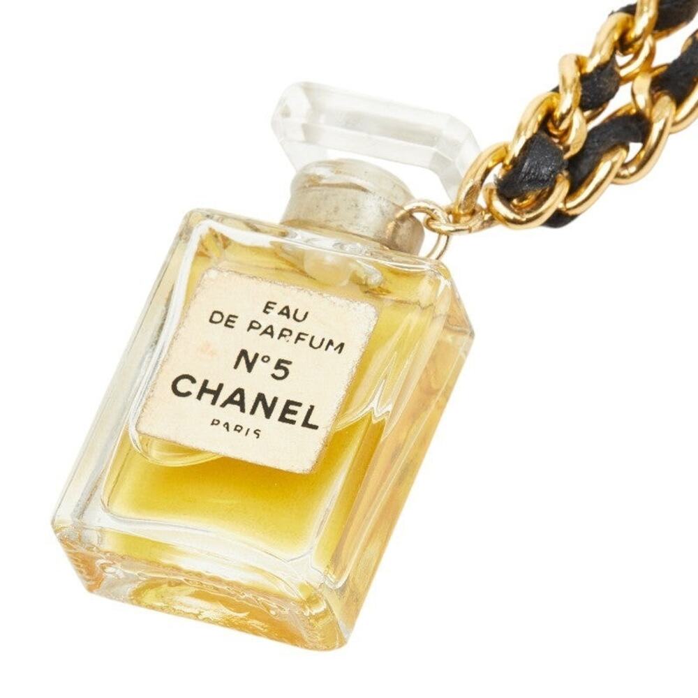 Chanel No.5 Chain Necklace Plated Glass Leather Gold